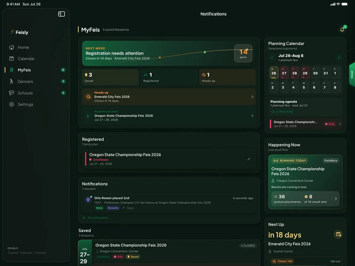 Feisly MyFeis on iPad with notifications and registrations